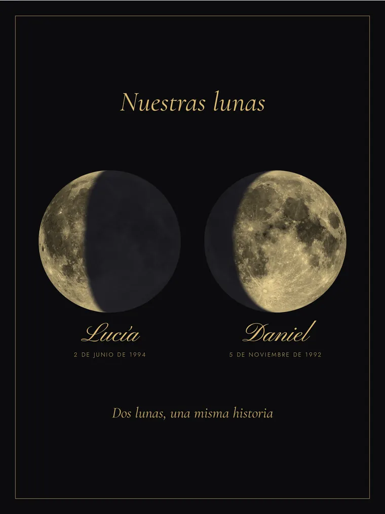 Póster con las dos lunas de una pareja en dorado