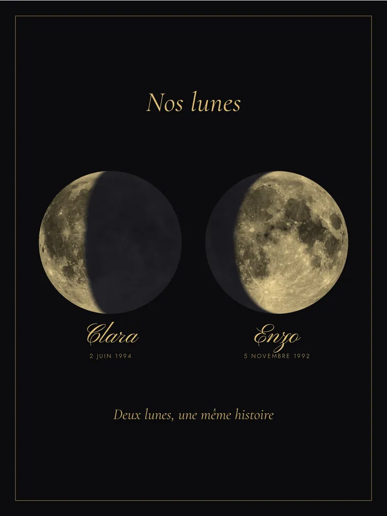 Affiche avec les deux lunes d’un couple en doré