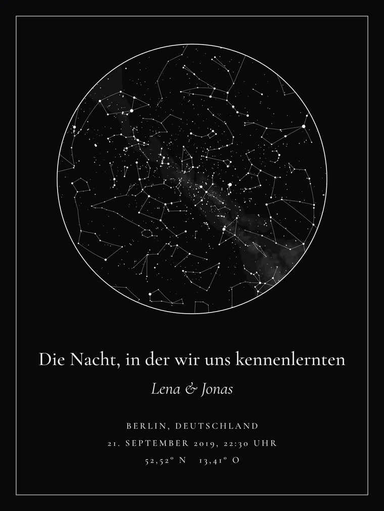 Personalisierte Sternenkarte mit dem Satz „Die Nacht, in der wir uns kennenlernten“