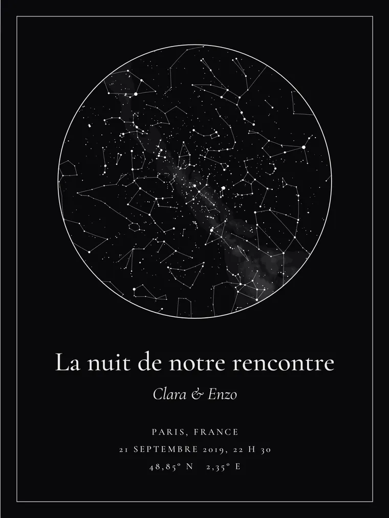Carte du ciel personnalisée avec la phrase « La nuit de notre rencontre »