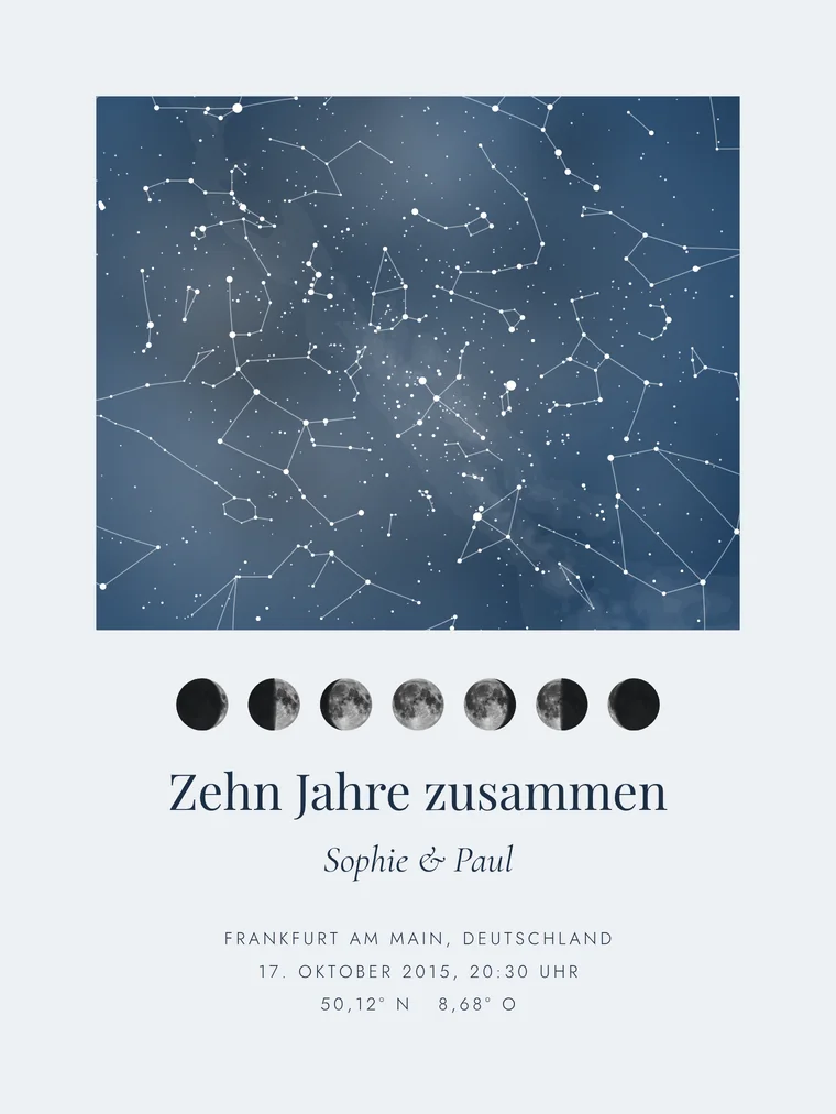 Personalisierte Sternenkarte mit dem Satz „Zehn Jahre zusammen“