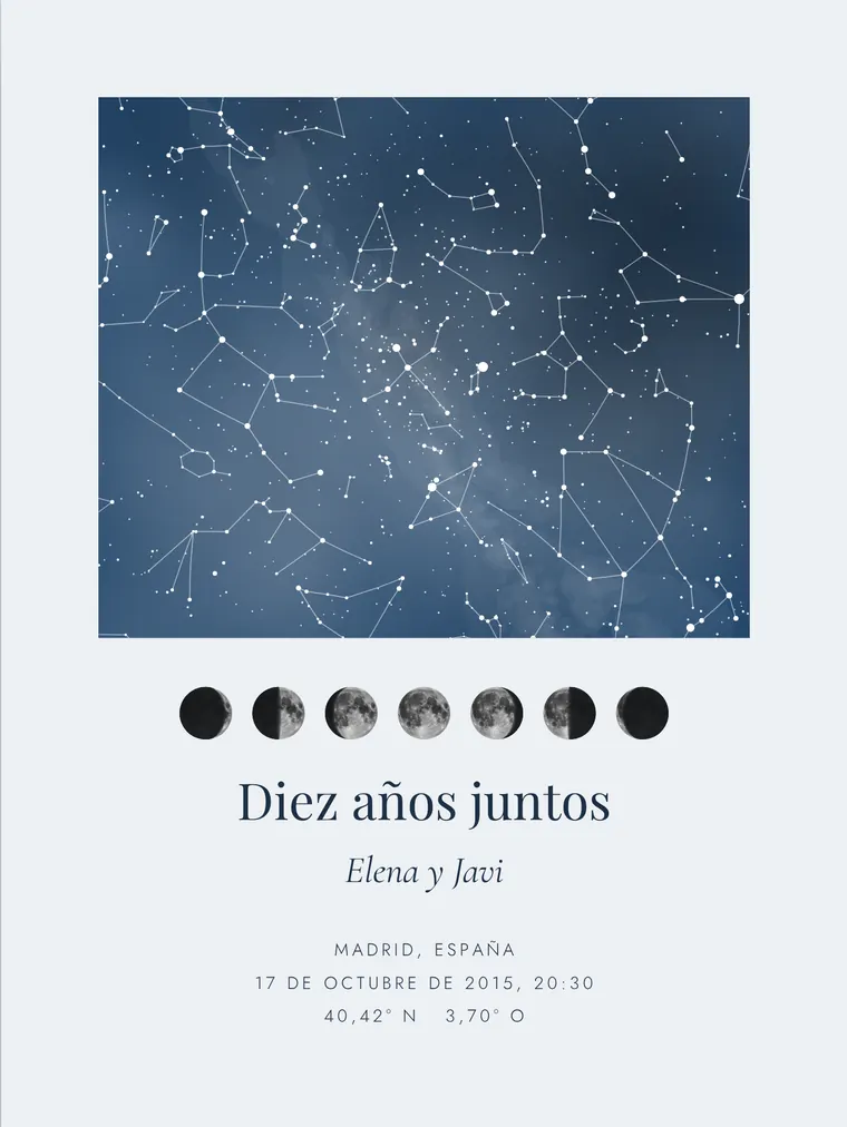 Mapa estelar personalizado con la frase «Diez años juntos»