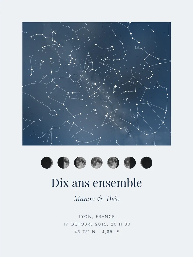 Carte du ciel personnalisée avec la phrase « Dix ans ensemble »