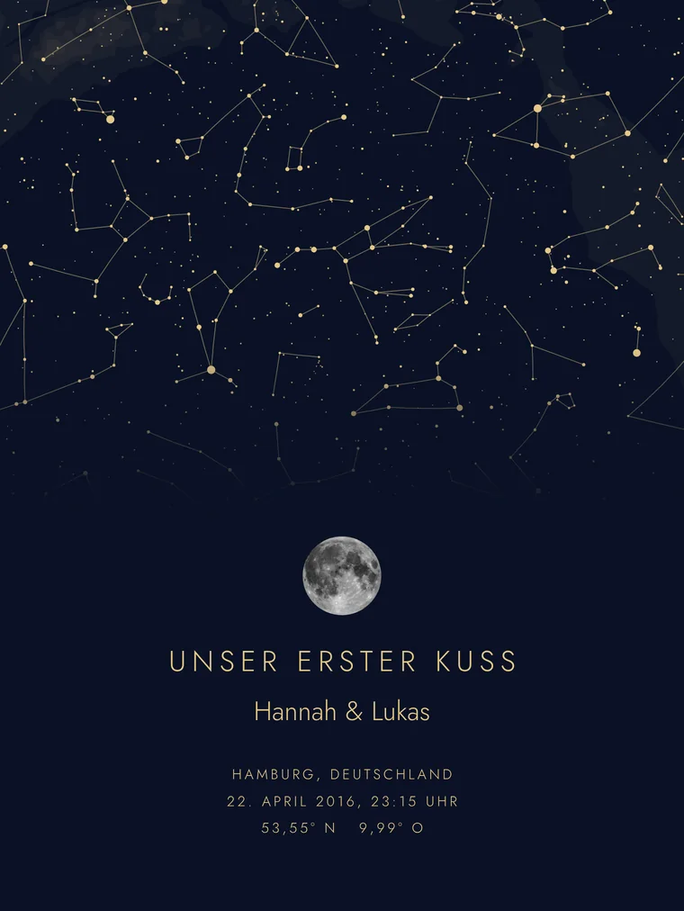 Personalisierte Sternenkarte mit dem Satz „Unser erster Kuss“