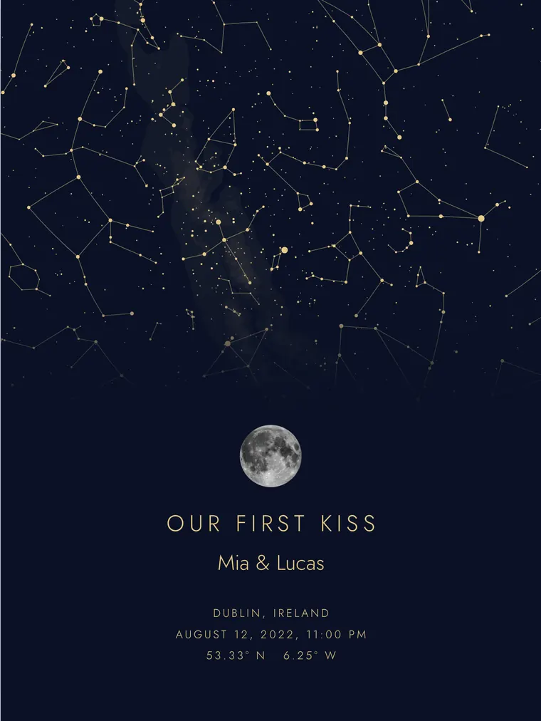 Custom star map with the line “Our first kiss”