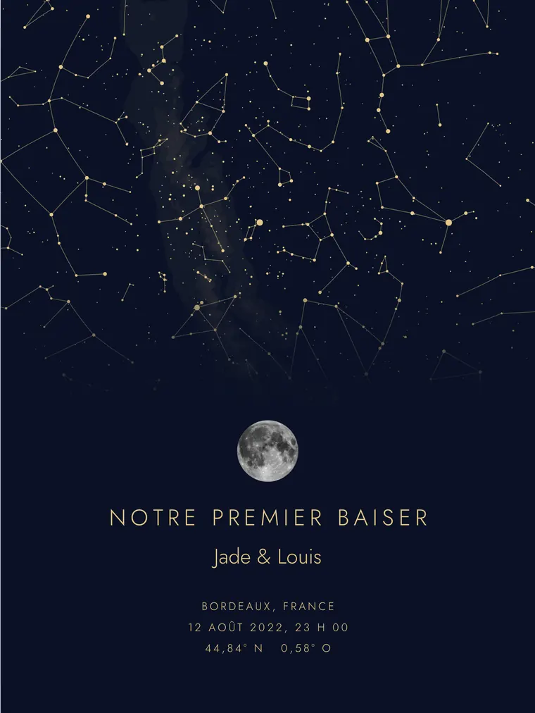 Carte du ciel personnalisée avec la phrase « Notre premier baiser »