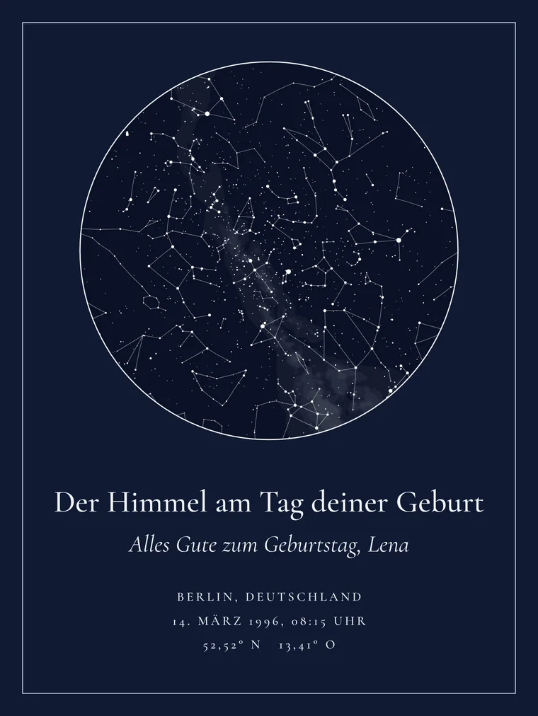 Personalisierte Sternenkarte mit dem Satz „Der Himmel am Tag deiner Geburt“