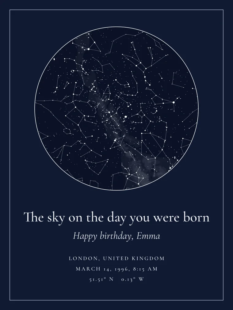 Custom star map with the line “The sky on the day you were born”