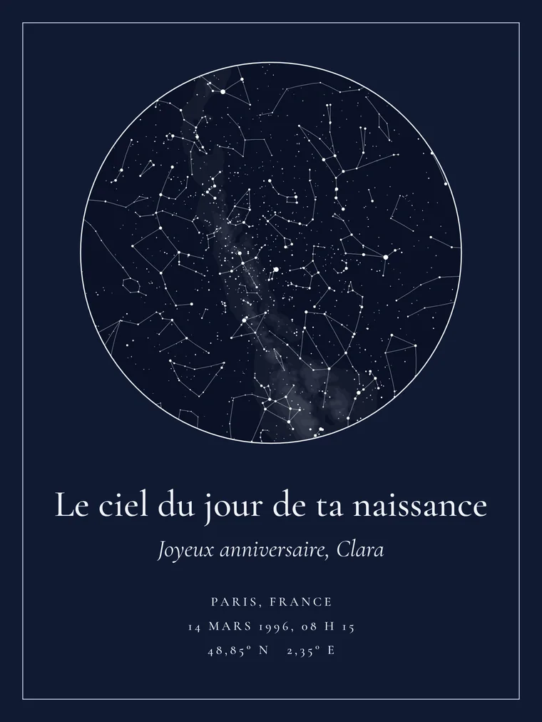 Carte du ciel personnalisée avec la phrase « Le ciel du jour de ta naissance »