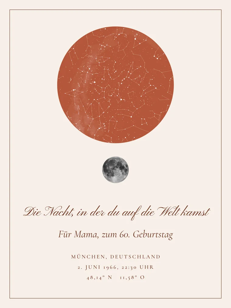 Personalisierte Sternenkarte mit dem Satz „Die Nacht, in der du auf die Welt kamst“