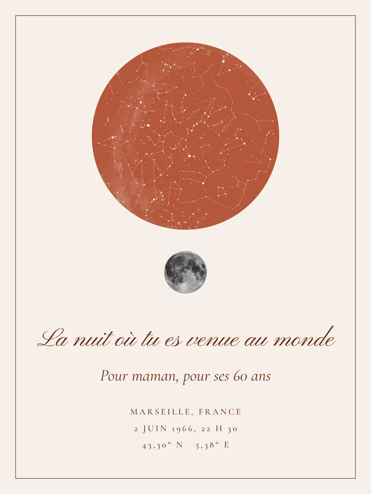 Carte du ciel personnalisée avec la phrase « La nuit où tu es venue au monde »