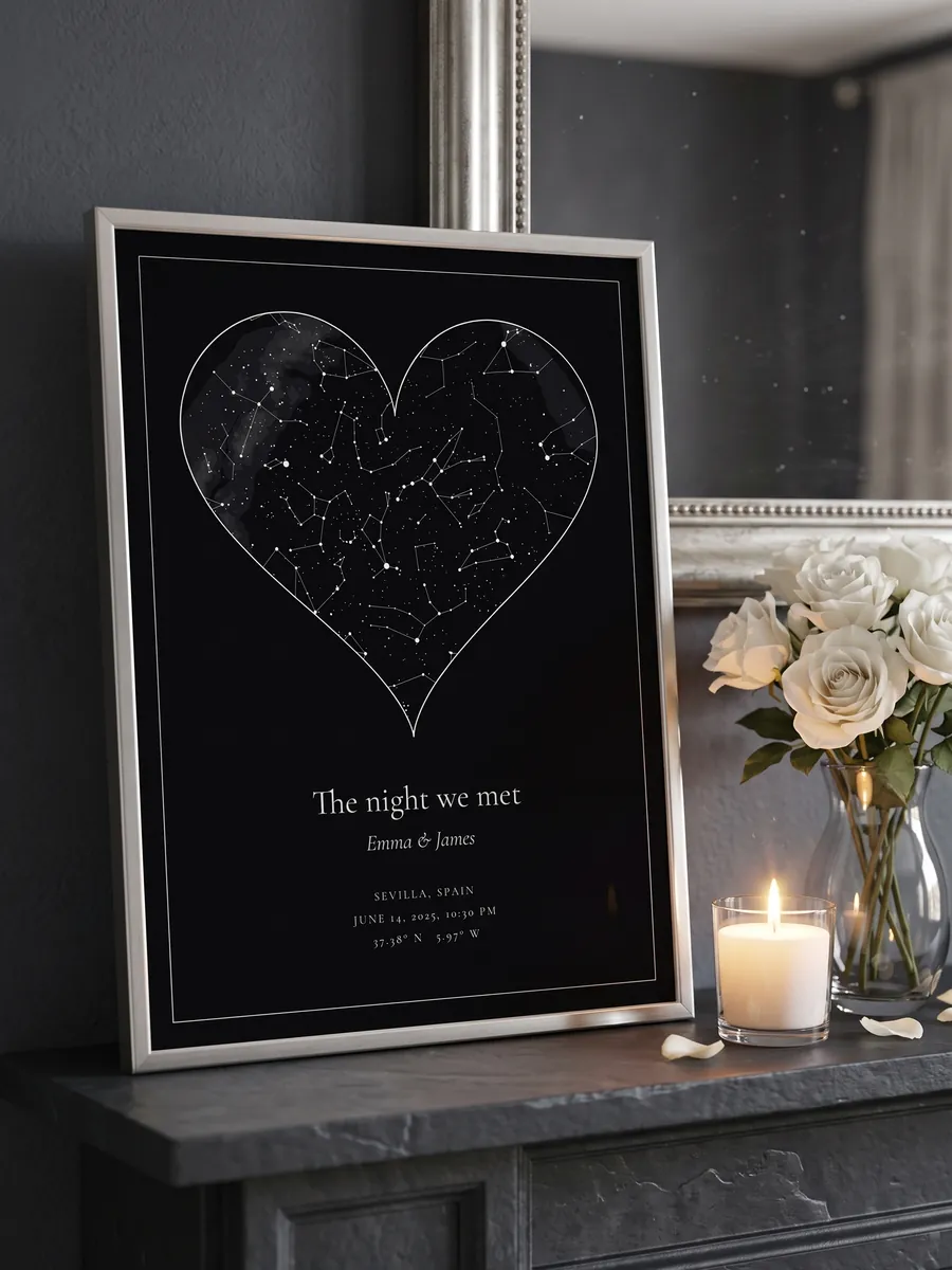 Heart-shaped black star map in a silver frame on a mantelpiece