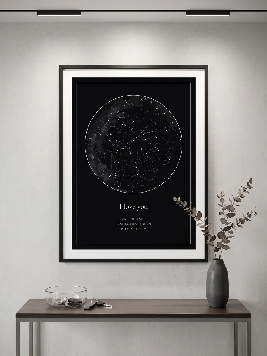 Black star map with a white mat above a console table