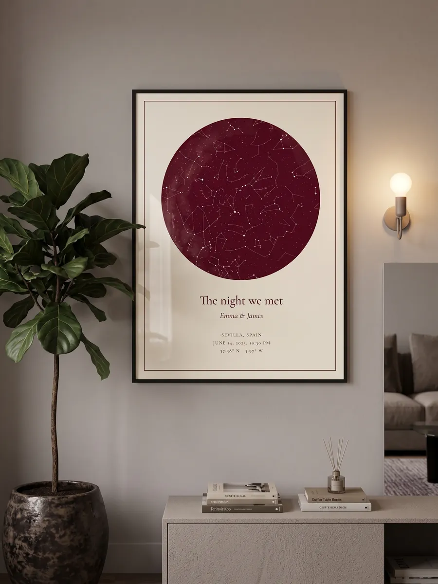 Burgundy star map framed in a living room
