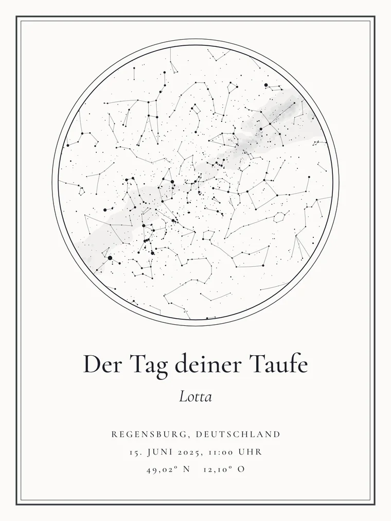 Personalisierte Sternenkarte mit dem Satz „Der Tag deiner Taufe“