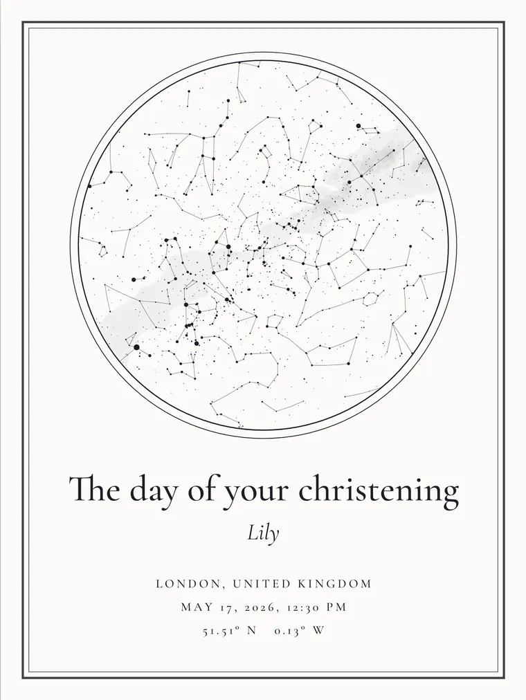 Custom star map with the line “The day of your christening”