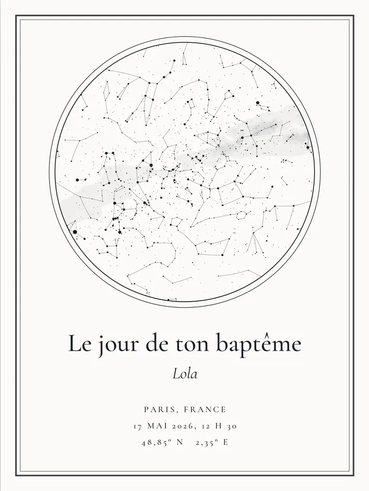 Carte du ciel personnalisée avec la phrase « Le jour de ton baptême »