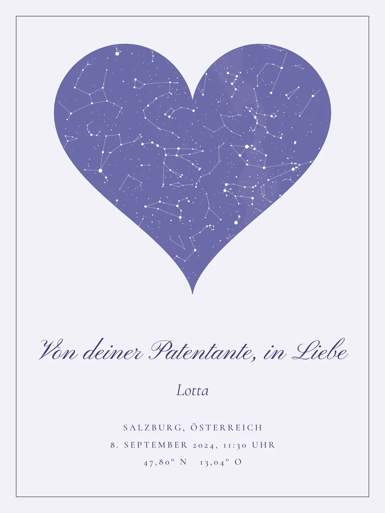 Personalisierte Sternenkarte mit dem Satz „Von deiner Patentante, in Liebe“