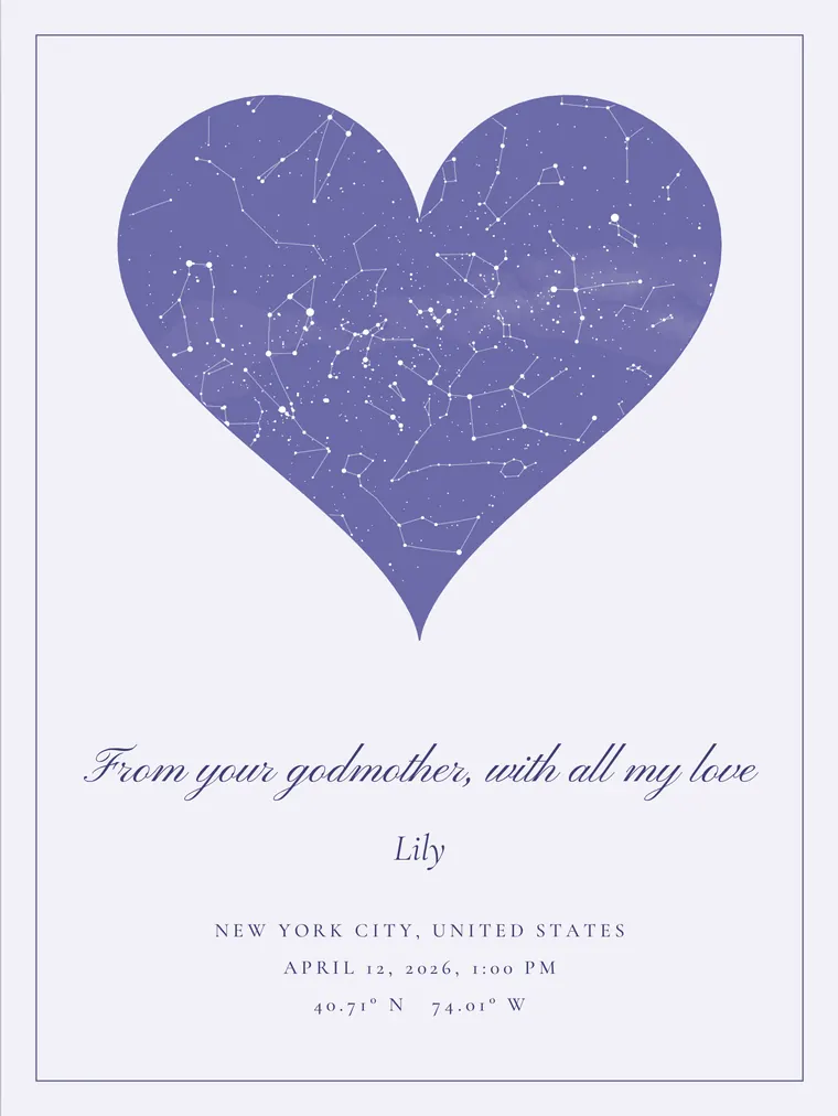 Custom star map with the line “From your godmother, with all my love”