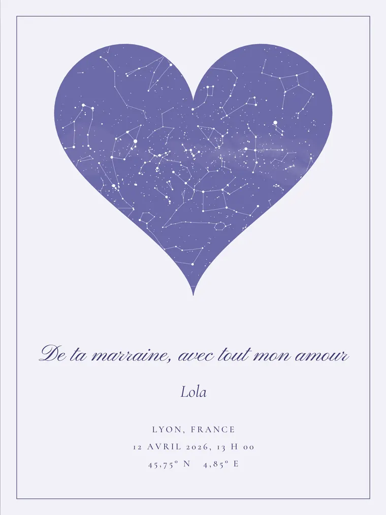 Carte du ciel personnalisée avec la phrase « De ta marraine, avec tout mon amour »