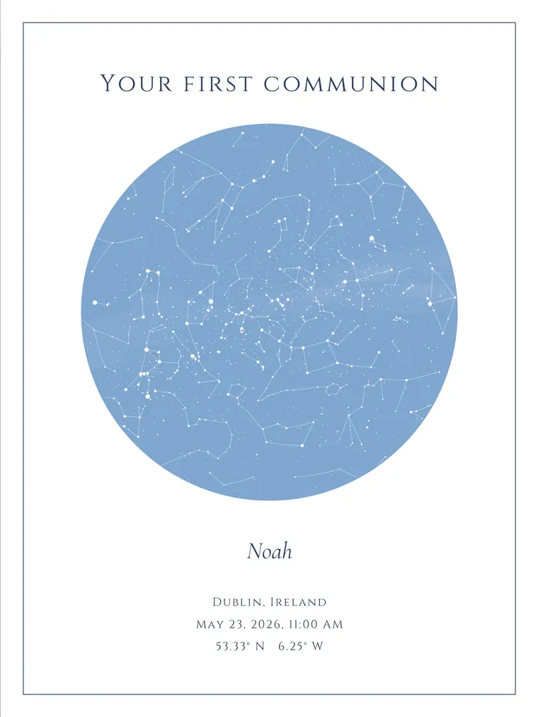Custom star map with the line “Your first communion”