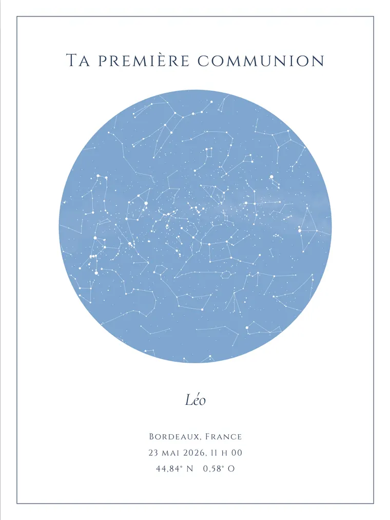 Carte du ciel personnalisée avec la phrase « Ta première communion »