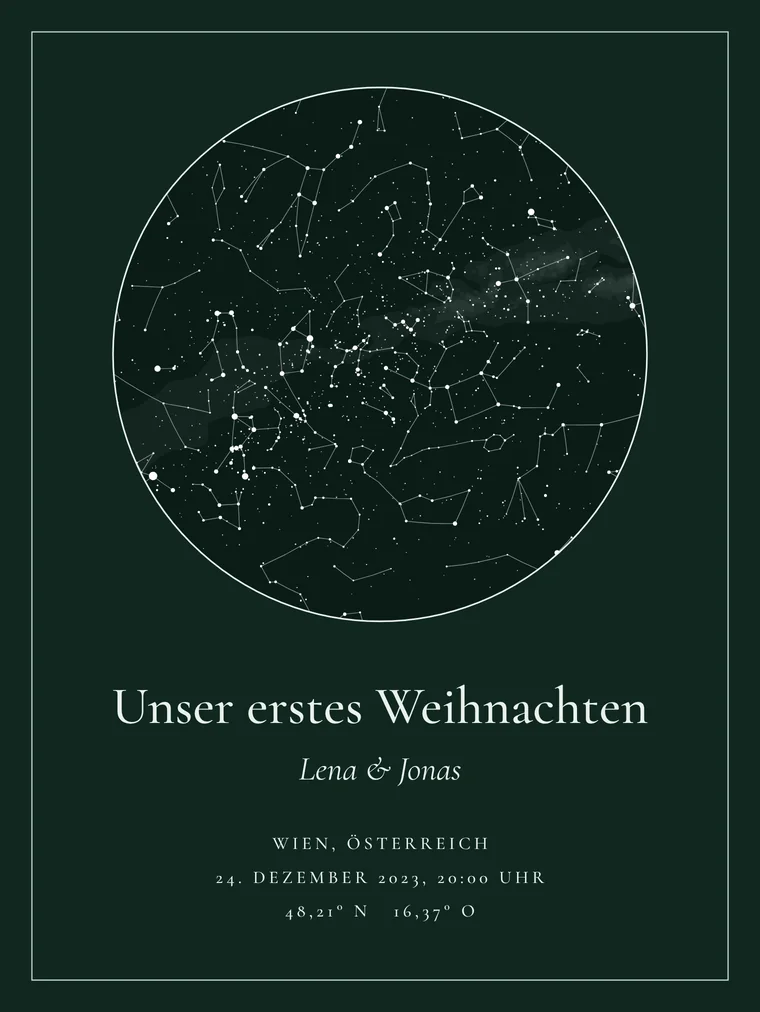Personalisierte Sternenkarte mit dem Satz „Unser erstes Weihnachten“