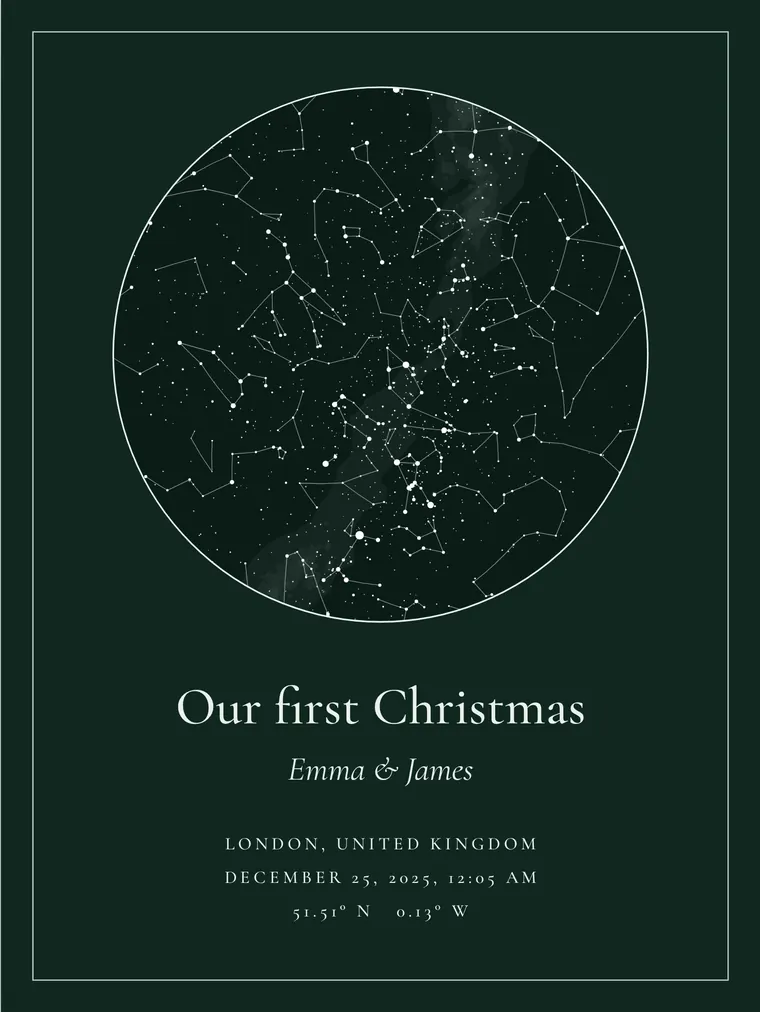 Custom star map with the line “Our first Christmas”