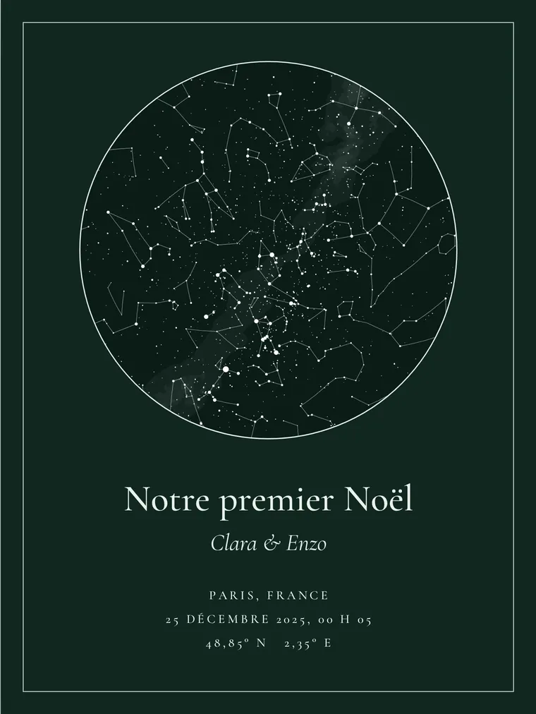Carte du ciel personnalisée avec la phrase « Notre premier Noël »