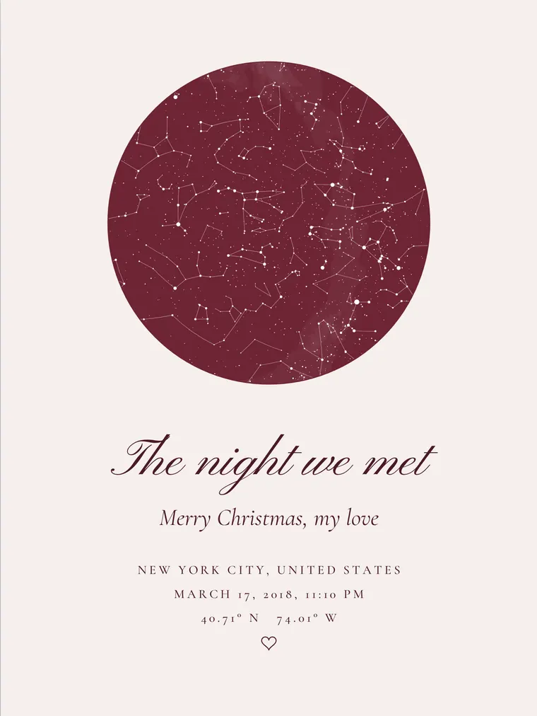 Custom star map with the line “The night we met”