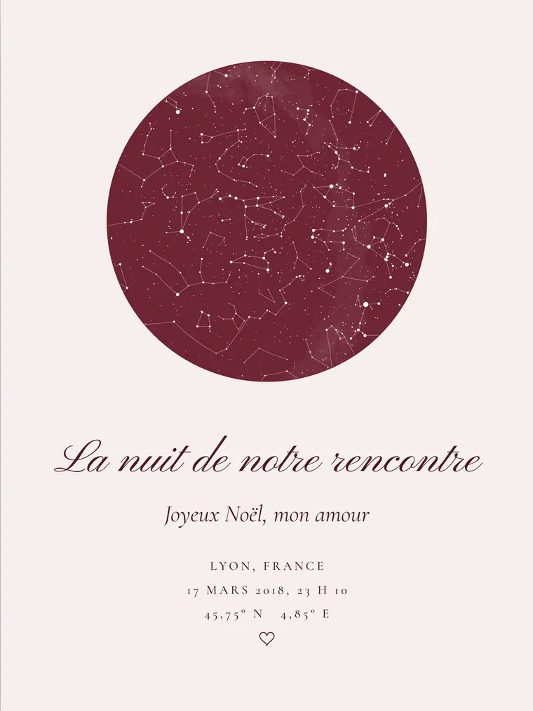 Carte du ciel personnalisée avec la phrase « La nuit de notre rencontre »