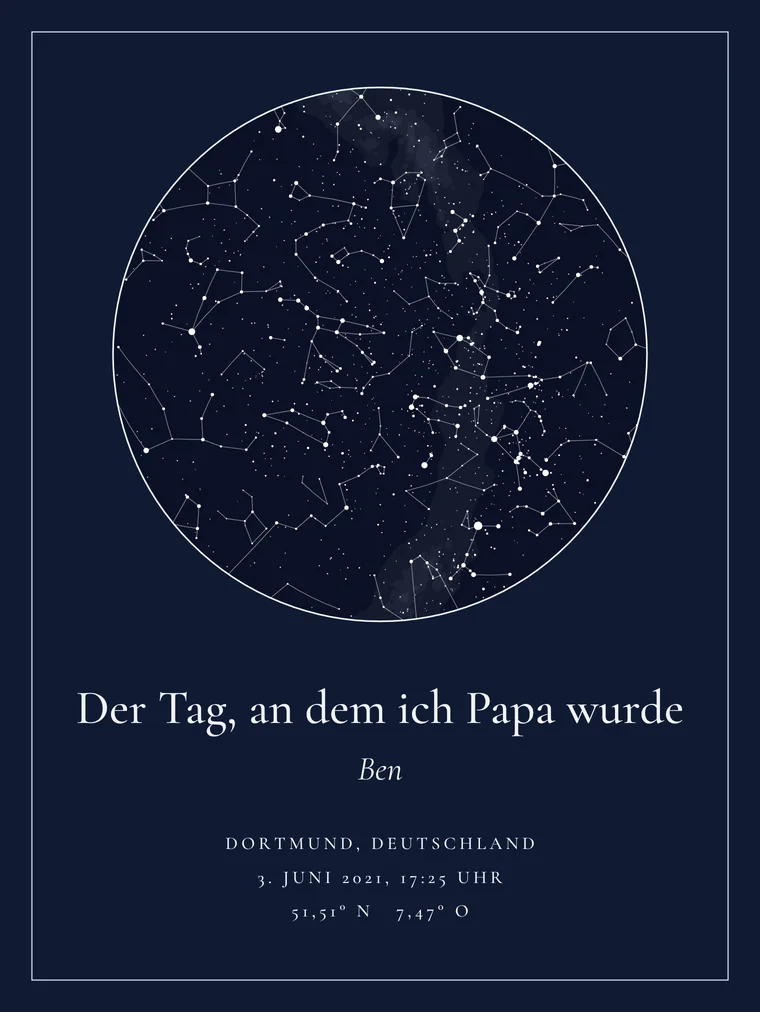 Personalisierte Sternenkarte mit dem Satz „Der Tag, an dem ich Papa wurde“