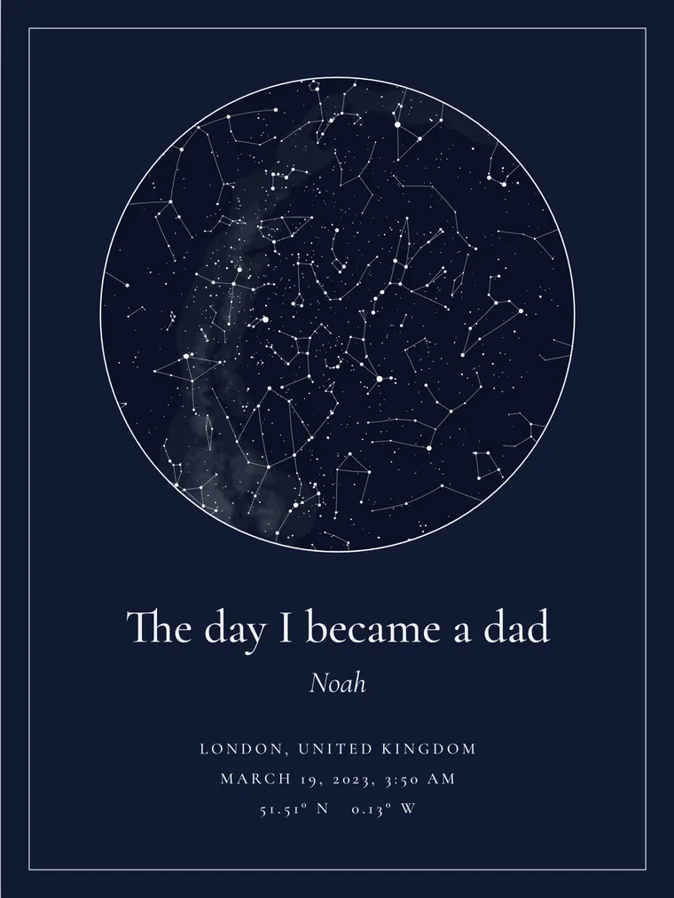 Custom star map with the line “The day I became a dad”