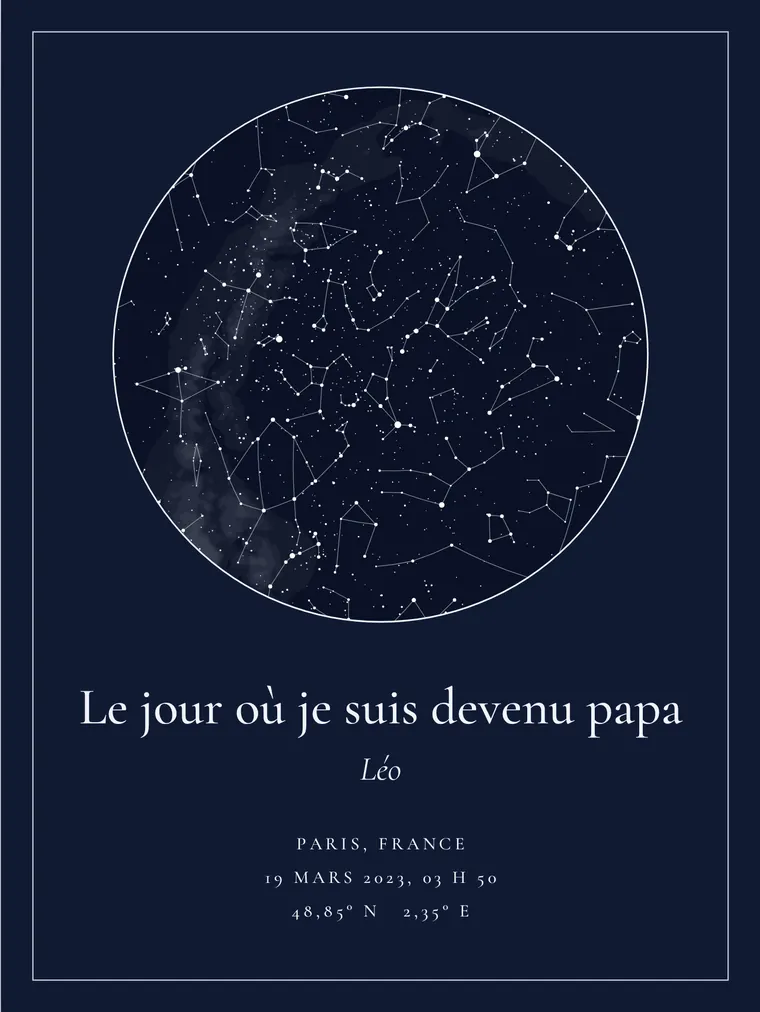 Carte du ciel personnalisée avec la phrase « Le jour où je suis devenu papa »