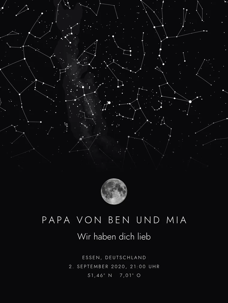 Personalisierte Sternenkarte mit dem Satz „Papa von Ben und Mia“