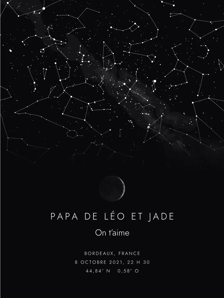 Carte du ciel personnalisée avec la phrase « Papa de Léo et Jade »