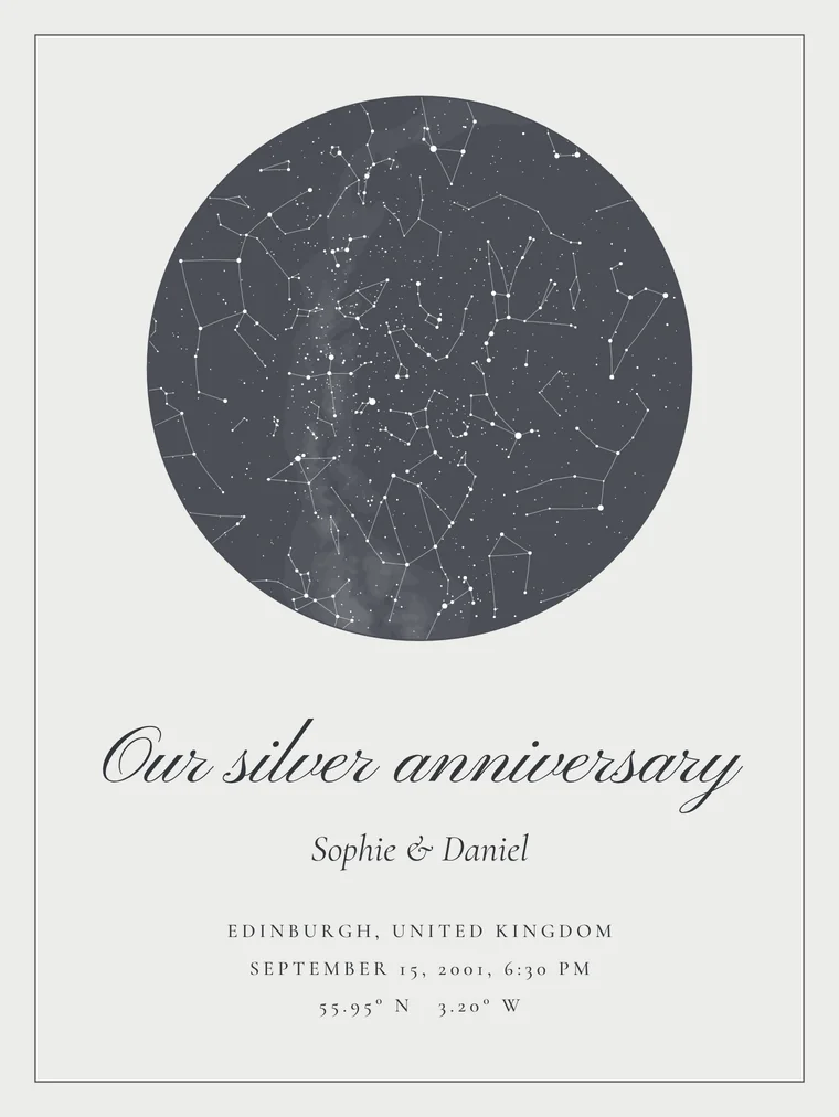 Custom star map with the line “Our silver anniversary”