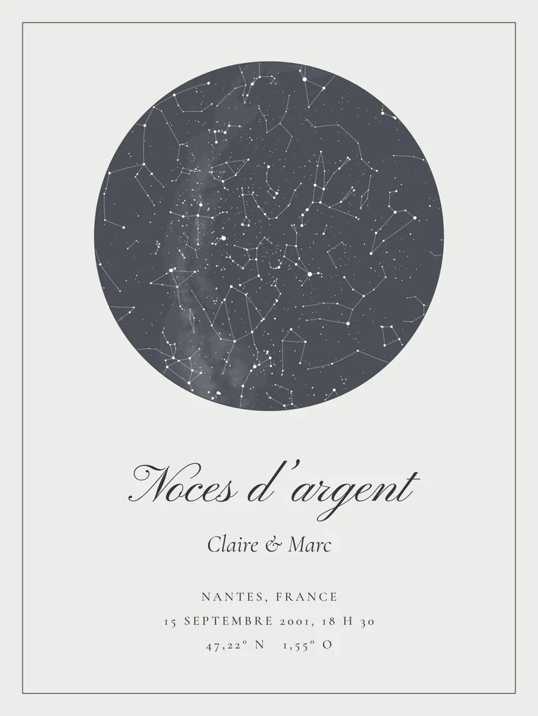 Carte du ciel personnalisée avec la phrase « Noces d’argent »
