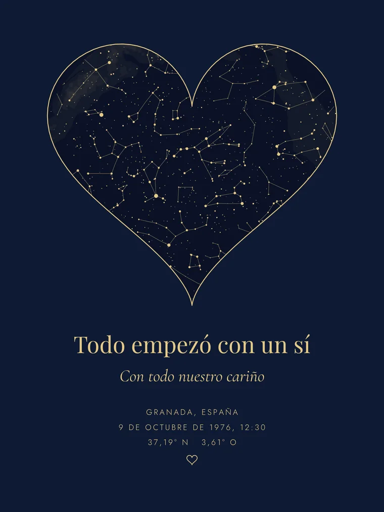 Mapa estelar personalizado con la frase «Todo empezó con un sí»