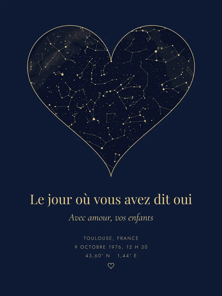 Carte du ciel personnalisée avec la phrase « Le jour où vous avez dit oui »