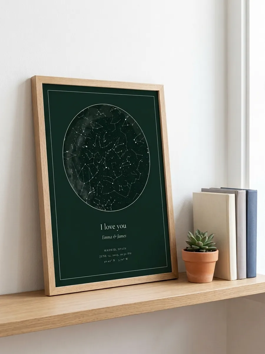 Green star map in an oak frame on a shelf