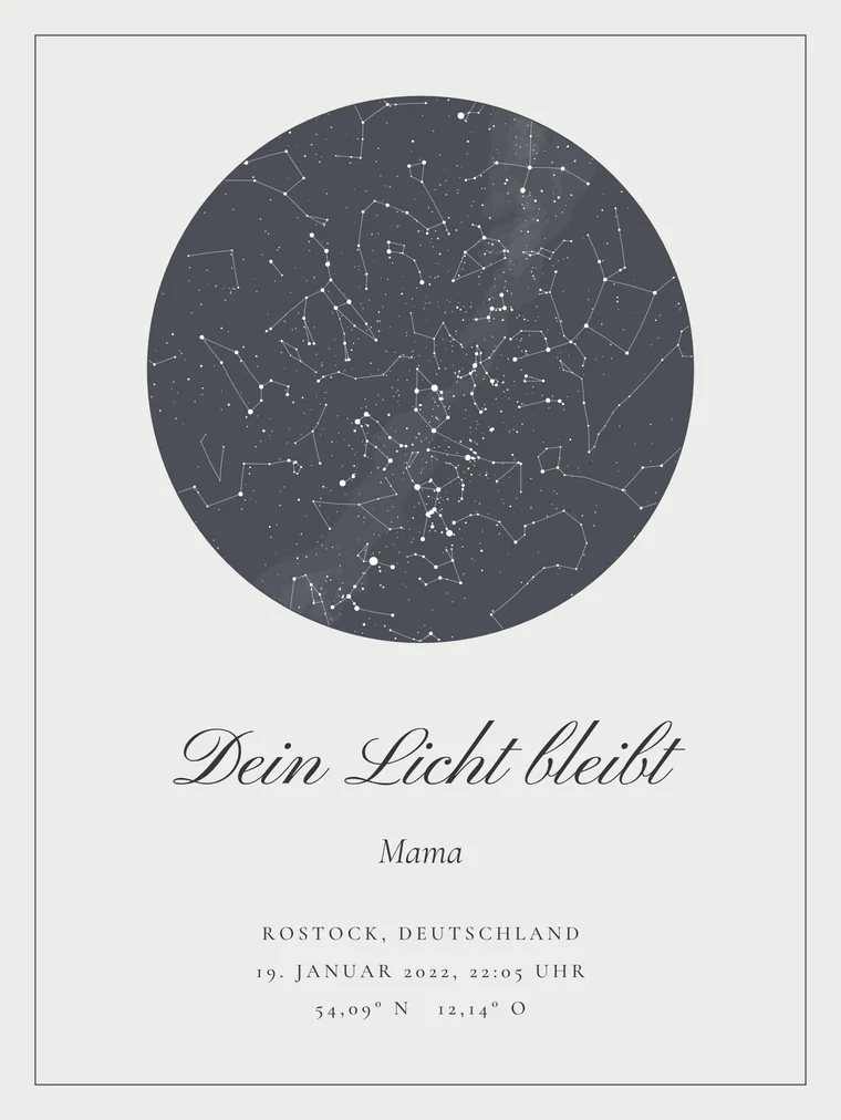 Personalisierte Sternenkarte mit dem Satz „Dein Licht bleibt“