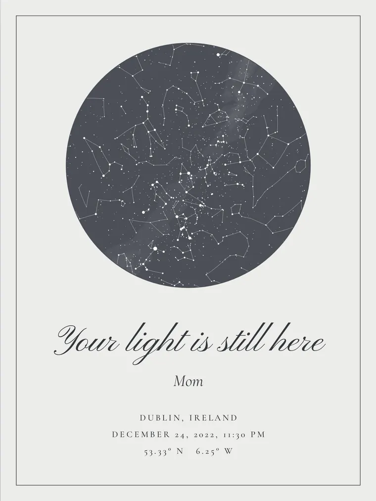 Custom star map with the line “Your light is still here”