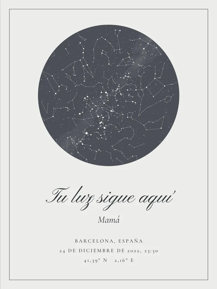 Mapa estelar personalizado con la frase «Tu luz sigue aquí»