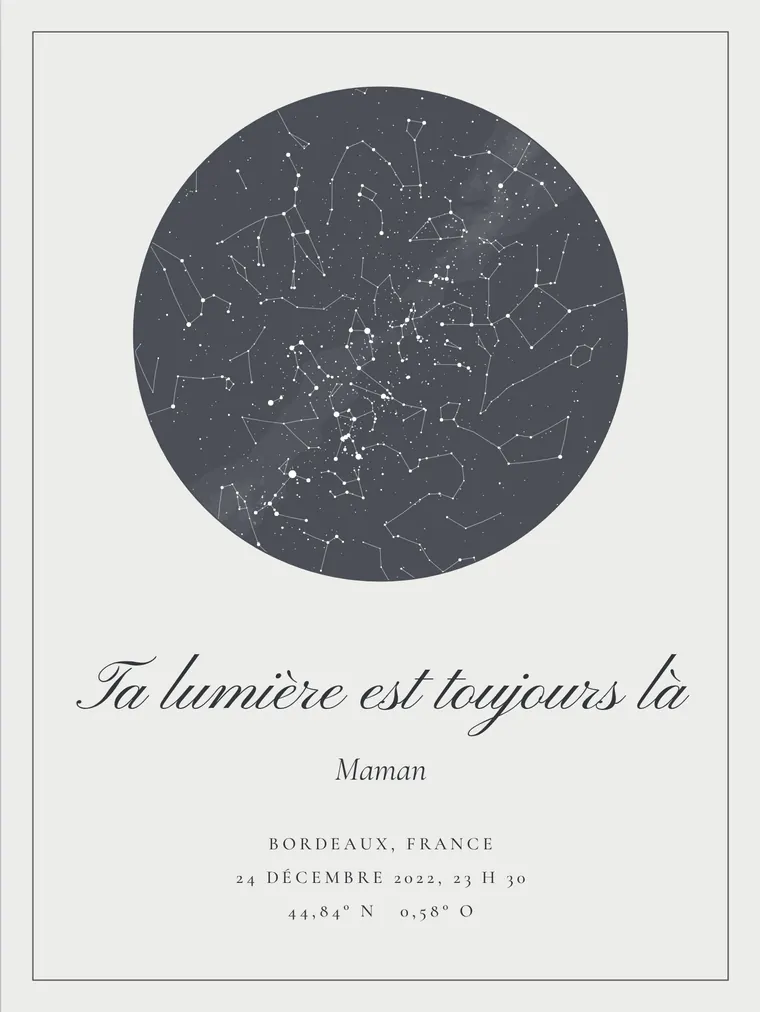 Carte du ciel personnalisée avec la phrase « Ta lumière est toujours là »