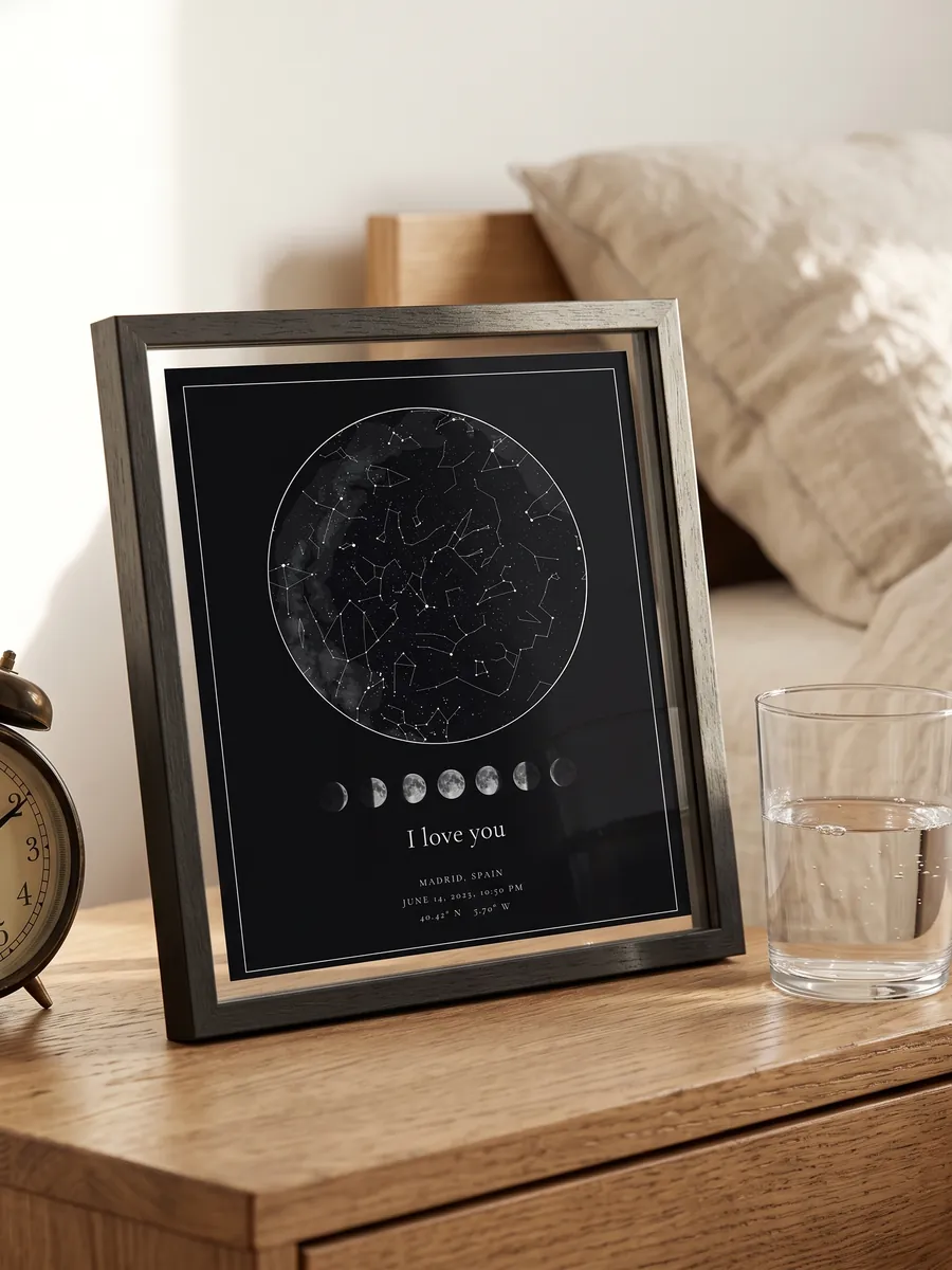 Star map with moon phases on a bedside table