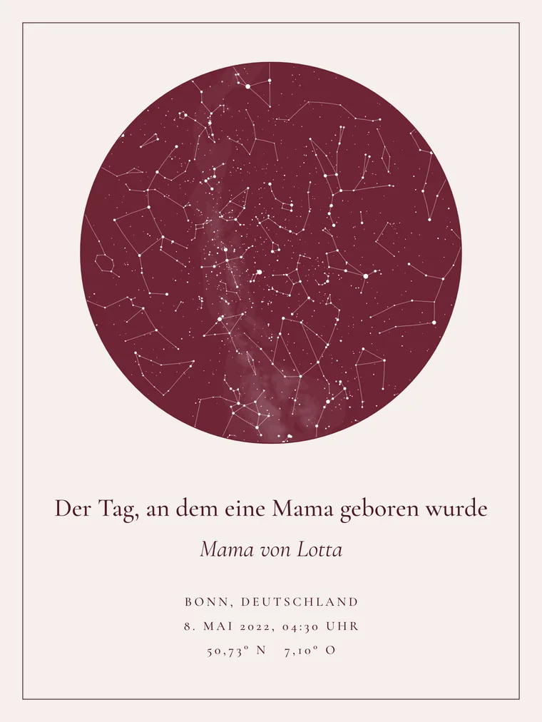Personalisierte Sternenkarte mit dem Satz „Der Tag, an dem eine Mama geboren wurde“