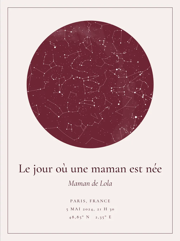 Carte du ciel personnalisée avec la phrase « Le jour où une maman est née »
