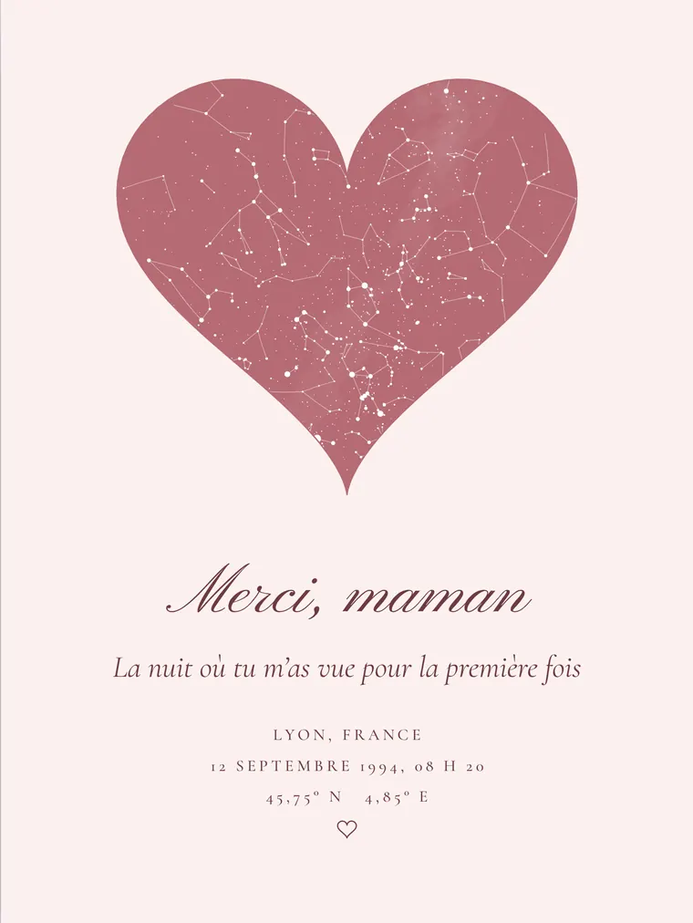 Carte du ciel personnalisée avec la phrase « Merci, maman »