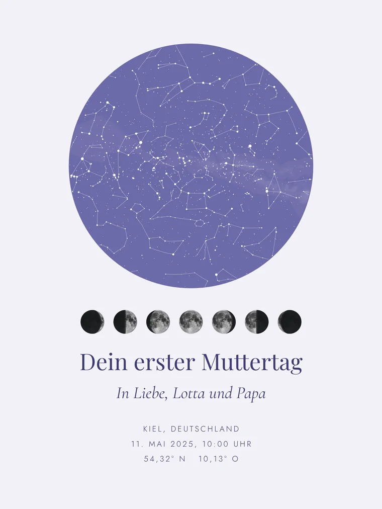 Personalisierte Sternenkarte mit dem Satz „Dein erster Muttertag“